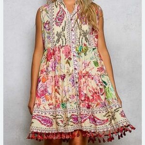 POL Floral Tiered Midi Dress in Cream, Pink, Green and Orange